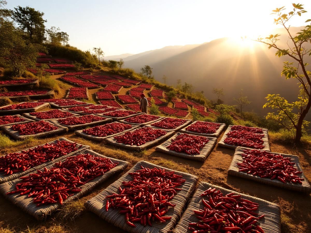 Red chiles drying on woven mats at a mountain terrace farm at sunrise