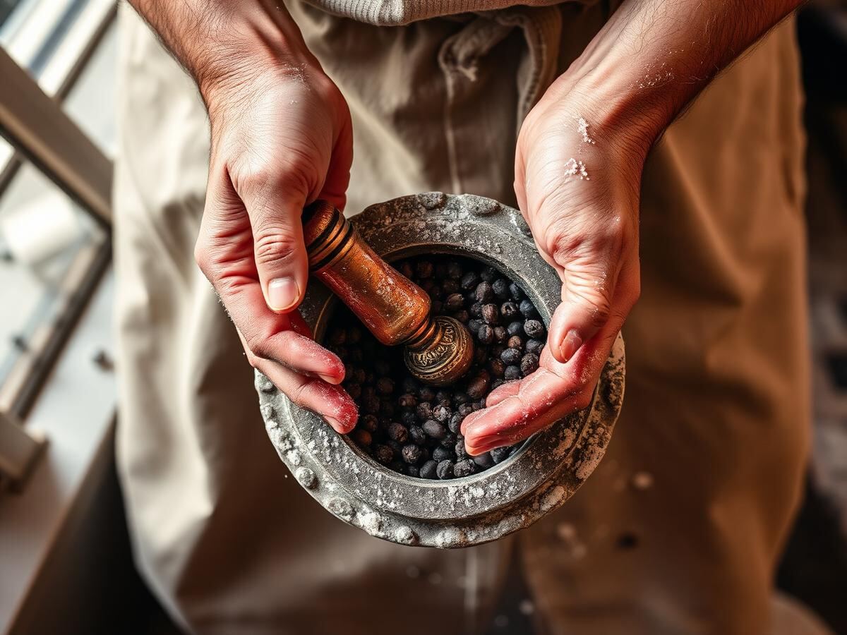 Hands milling whole peppercorns in a small stone mill