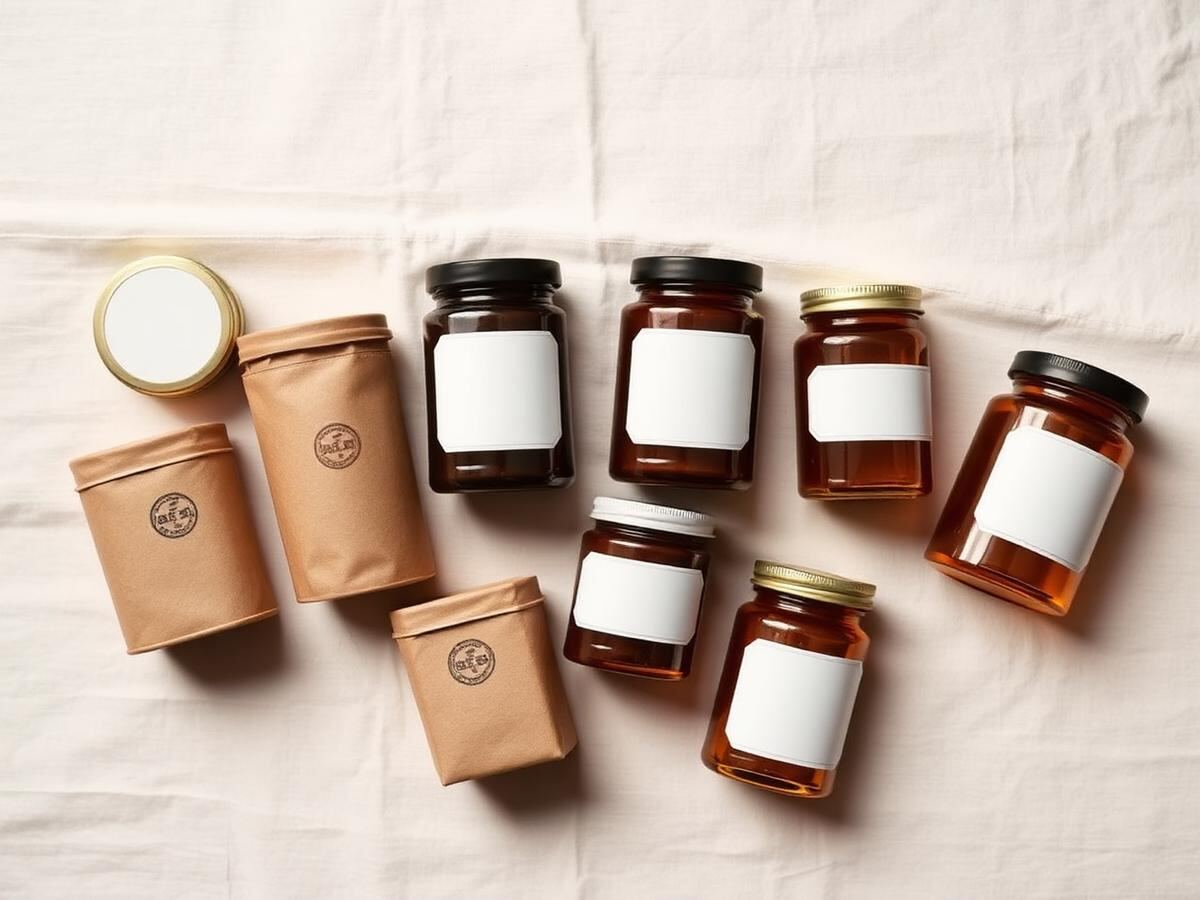 Kraft spice tins and amber jars laid out on linen